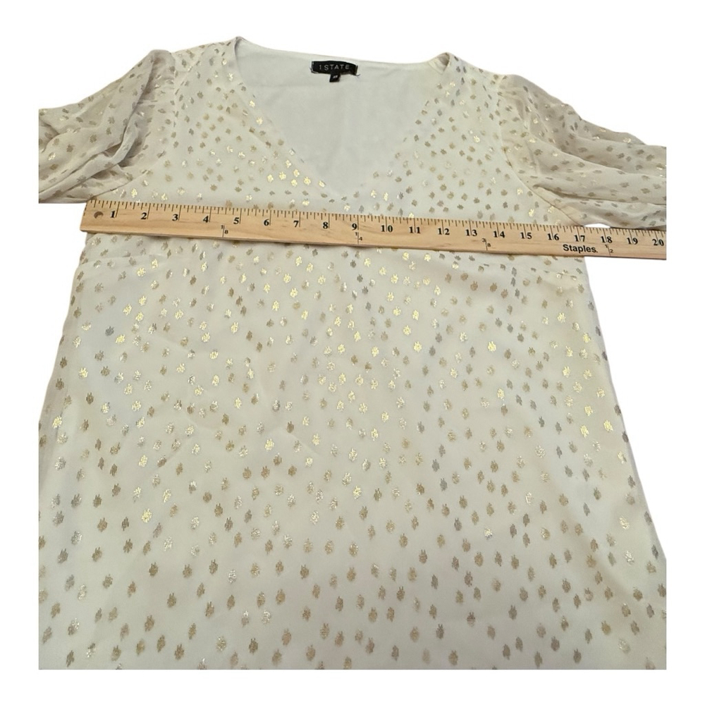 1. STATE Cream Gold Dot V-Neck Smocked Ruffle Cuff Blouse XS - Picture 10 of 10